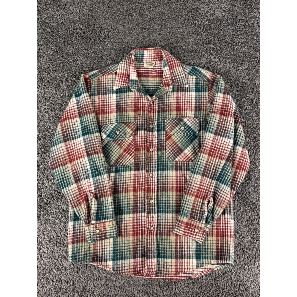 Vintage 90s Five Brother Flannel Shirt Mens Medium Red Green Plaid Workwear